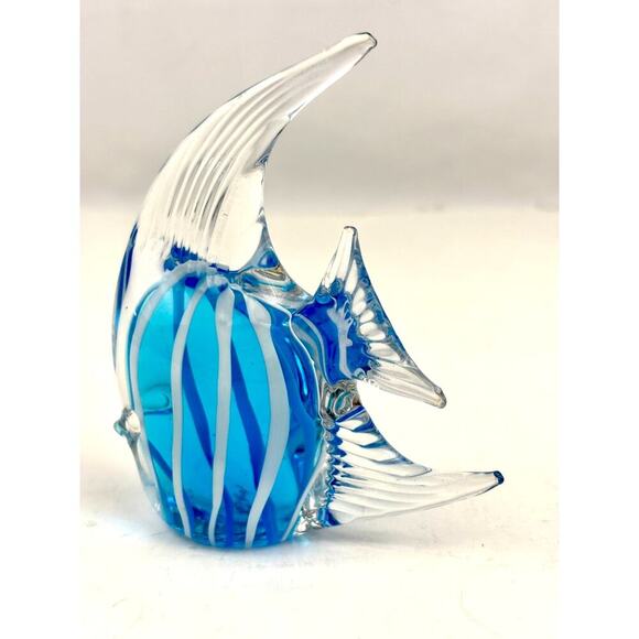 Handblown Art Glass Angelfish Paperweight – Blue & White Striped Figurine - Picture 9 of 16